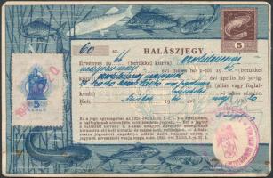 1944 Miskolc, Miskolci lakos számára kiállított halászjegy, 5P okmánybélyeggel / fishing ticket