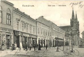 Komárom, Komárno; Nádor utca, Rehberger Sándor, Nagy Géza és Gyula, Fektor György, üzletei / street, shops ( ázott sarkak / wet corners)