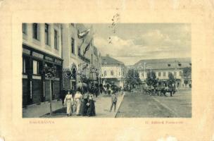 Nagybánya, Baia Mare; II. Rákóczi Ferenc tér, Weintraub E. drogéria, Horváth Ferenc üzlete, Jeremiás Jenő kiadása, W. L. Bp. 6046 / square, drug store, shops (ázott sarok / wet corner)