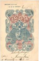 1900 Boldog Újévet / New Year greeting card, etching style, Art Nouveau, s: Beck (EB)