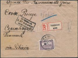 1918 Ajánlott cenzúrázott levél Dániába hadifogoly ügyben / Registered censored cover to Denmark &qu...