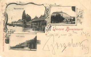 1898 Barcstelep, Közraktárak, Vasútállomás, Fő utca. Singer Sándor fényk. kiadása / floral multi-view with railway station (EM)