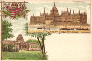 Budapest, Új országház, Margitszigeti fürdőház, címer, litho