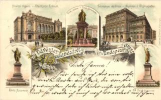 1897 (Vorläufer!) Budapest, Fővárosi Vigadó, Deák, Petőfi és Eötvös szobor, Tudományos Akadémia, floral, litho