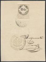 1859 Német és magyar nyelvű igazolási jegy 15 kr okmánybélyeggel / ID