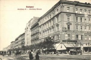 Budapest VI. Andrássy út, Nagymező utca, Helvetia kávéház, Párisi Nagy Áruház, Csonka Ferenc üzlete