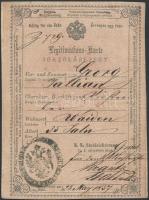 1857 Német és magyar nyelvű igazolási jegy 6 kr C.M. okmánybélyeggel / ID