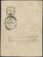 1857 Német és magyar nyelvű igazolási jegy 6 kr C.M. okmánybélyeggel / ID