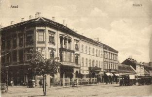 Arad, Főutca, Első Magyar Általános Biztosítási Társaság, Magyar Francia Biztosító Főügynökség, omnibusz / main street, insurance company and agency, omnibus (fa)