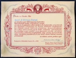 1938 az Eucharisztikus Kongresszus díszes elismerő oklevele, Serédi Jusztinián hercegprímás esztergomi érsek nyomtatott aláírásával. 33x25 cm