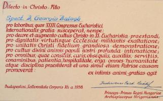 1938 az Eucharisztikus Kongresszus díszes elismerő oklevele, Serédi Jusztinián hercegprímás esztergo...