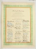 1945 XIII. kerületi polgármesteri hivatal alkalmazottai által aláírt oklevél műszaki főtanácsos kollégájuk kinevezésére. 3 oldal aláírásokkal