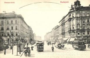 Budapest IX. Ferenc körút, villamosok, Preisauh Mór üzlete, Divald Károly