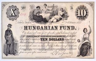 1852. 10$ A Kossuth bankó piros kézi sorszámozással 3129 T:II R! Hungary 1852. 10 Dollars A Hungarian Fund with handwritten red serial number 3129 C:XF RARE! Adamo G119