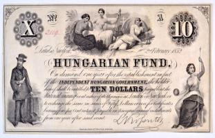 1852. 10$ "A" "Kossuth bankó" piros kézi sorszámozással "3129" T:II R! Hungary 1852. 10 Dollars "A" "Hungarian Fund" with handwritten red serial number "3129" C:XF RARE! Adamo G119