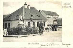 Hosszúfalu, Satulung; Honvéd szobor, Drodtlofr József gyógyszertára, K. Stingl üzlete / statue, pharmacy, shop (fa)