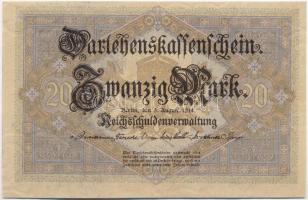 Német Birodalom 1914. 20M hét jegyű sorszámmal T:II
German Empire 1914. 20 Mark with seven digit se...