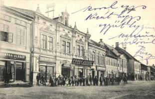 Torda, Turda; utcakép, Bonyhai Aladár, Hartman Ignátz és Pál Lajos üzlete, Füssy József könyvnyomdája és saját kiadású lapja / street view, shops, printing shop