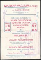 cca 1900 Budapest, Magyar Vacuum Cleaner (Vákum kliner) szecessziós reklám nyomtatvány félbehajtva, 2 db kis méretű (5×11 cm) cédulával, 21×14 cm