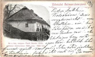 1899 Selmecbánya, Banska Stiavnica; a ház, melyben Petőfi Sándor lakott selmecbányai diákkorában, Medzny András üzlete, Joerges kiadása / the place where Sandor Petofi lived while student in town, shop (kopott sarkak / worn corners)