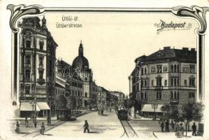 Budapest IX. Üllői út, Iparmúzeum, Valéria Kávéház, villamosok, Art Nouveau, litho