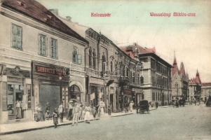 Kolozsvár, Cluj; Wesselényi Miklós utca, Lebovits Izidor, Farkas Ignác, Novits Géza üzletei, Budapest Kávéház, Economul, Lehota Anna kiadása / street, shops, café (EK)