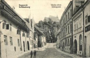 Segesvár, Schassburg, Sighisoara; Iskola utca, üzletek / street, shops (EK)