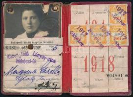 1917-18 Budapest közúti vaspálya társaság, tanuló bérletjegy (Közvágóhíd, Lónyay utca, Rákóczi út), ...