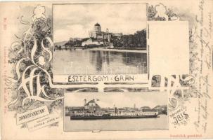 Esztergom, Bazilika, Iris gőzhajó, Max Jaffé kiadása, díszes képeslap, floral Art Nouveau (ragasztónyom / glue mark)