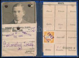 1917 Budapesti Közúti Vaspálya Társaság BKVT havi bérletjegy (Vörösvári út, Lajos utca, Déli vasút),...