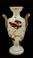 Kézzel festett virág mintás füles váza, jelzés nélkül, kopott, m:27 cm