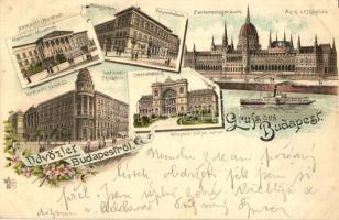 1898 Budapest, Műegyetem, Központi pályaudvar, Nemzeti Múzeum és Színház, floral, litho