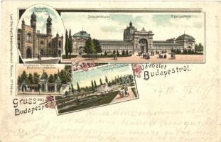 1896 (Vorläufer!) Budapest, Zsinagóga, Iparcsarnok, Állatkerti bejárat, Városligeti szökőkút. Carl Otto Hayd No. 416. floral, litho (Rb)