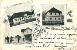 Billéd, Biled; Vasútállomás, Trombitás szálló, Községháza / railway station, hotel, town hall, floral (kis szakadás / small tear)