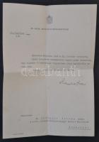 1940 Keresztes-Fischer Ferenc belügyminiszter aláírása fejléces kinevezési okmányon