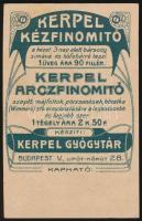 cca 1910 Budapest, Kerpel gyógytár; reklám cédula Faragó szignós grafikával 6.5×10.5 cm