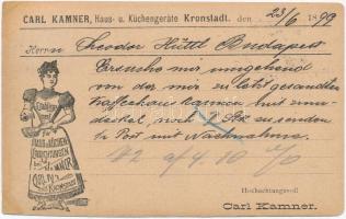 1899 Brassó, Kronstadt, Brasov; Carl Kamner otthon- és konyhaberendezés üzlete, reklámlap / home and kitchen ware shop, advertisement card (r)