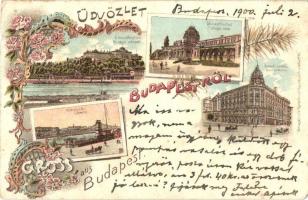 Budapest, Lánchíd, Margitfürdő, Nemzeti színház, floral, Art Nouveau, litho (EB)