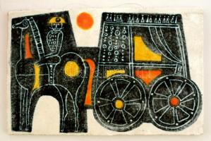 Balczó Edit (1935-2010): Lovaskocsi. Festett mázas kerámia falikép, jelzett, apró kopással, 18×29 cm