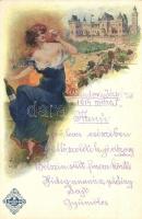 Törley pezsgő, étlap / Hungarian champagne advertisement with menu, art postcard