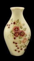 Zsolnay virágmintás porcelán kis váza, kézzel festett, jelzett, hibátlan, m: 13 cm