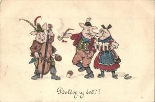 Boldog új évet! / Happy New Year, greeting card, celebrating pigs in Tirol folklore costume, B. K. W. I. 2950-4 (EK)
