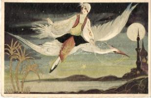 Italian art deco postcard, Arabian folklore, lady flying on a bird at night, golden decorated, Ballerini & Fratini 245. s: Chiostri (EK)