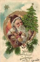 Boldog karácsonyi ünnepeket! / Christmas greeting postcard, Saint Nicholas, golden decorated Emb. litho (EK)