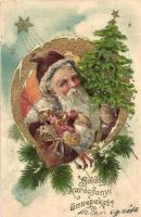 Boldog karácsonyi ünnepeket! / Christmas greeting postcard, Saint Nicholas, golden decorated Emb. litho (EK)