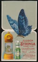 cca 1910 Illusion Syringa Flieder-Lilas im Leuchtturm, német parfüm hajtogatós litho reklámkártyája, 18×11 cm (egyik éle hiányos)
