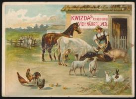 cca 1910 Kwizdas Korneuburger Vieh-Nährpulver litho reklámkártyája, 11×15 cm (apró szakadással)