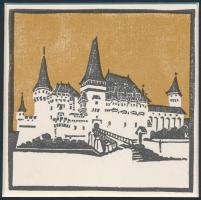 Kós Károly (1883-1977): Vajdahunyad, Színes linómetszet, papír, jelzett a metszeten, paszpartuban, 11×11 cm