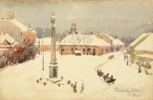 Hessky Iván (1890-1950): Hófedte főtér. Akvarell, papír, jelzett, üvegezett keretben, 12×18 cm