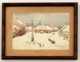 Hessky Iván (1890-1950): Hófedte főtér. Akvarell, papír, jelzett, üvegezett keretben, 12×18 cm
